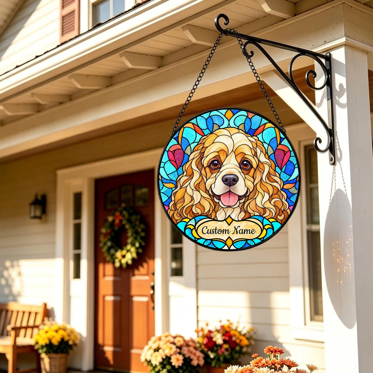 Personalized American Cocker Spaniel Suncatcher, Custom Name, Floral Stained Glass Window Hanging