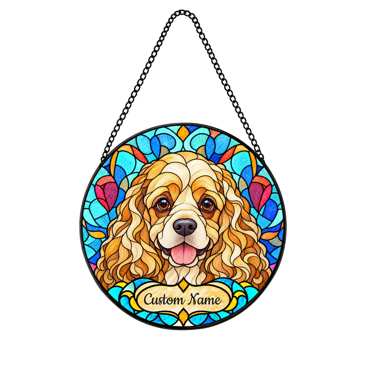 Personalized American Cocker Spaniel Suncatcher, Custom Name, Floral Stained Glass Window Hanging