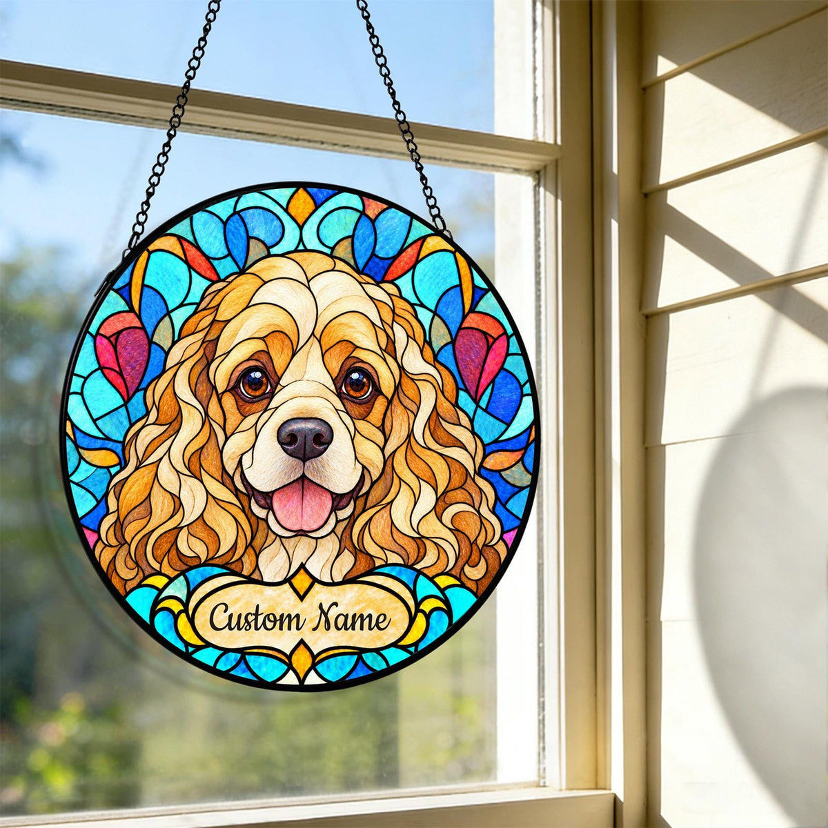 Personalized American Cocker Spaniel Suncatcher, Custom Name, Floral Stained Glass Window Hanging