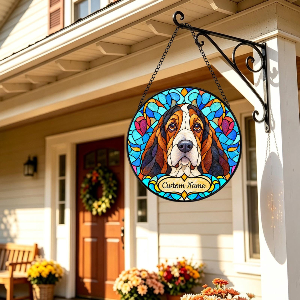 Personalized Basset Hound Suncatcher, Custom Name, Floral Stained Glass Window Hanging