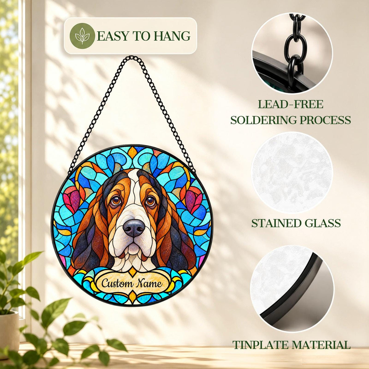 Personalized Basset Hound Suncatcher, Custom Name, Floral Stained Glass Window Hanging
