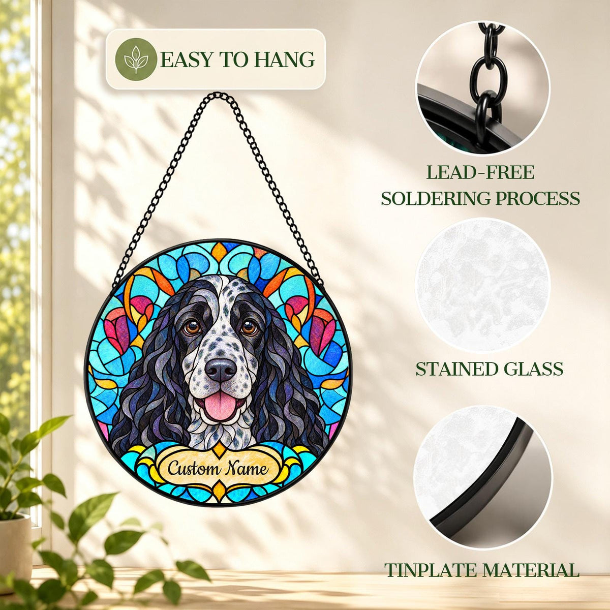 Personalized English Cocker Spaniel Suncatcher, Custom Name, Floral Stained Glass Window Hanging