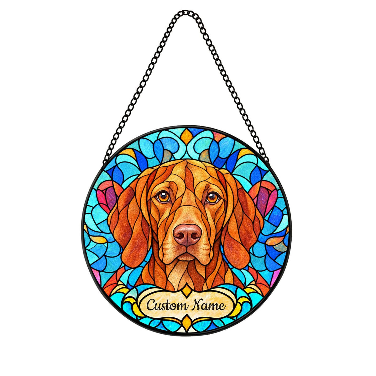 Personalized Vizsla Suncatcher, Custom Name, Floral Stained Glass Window Hanging