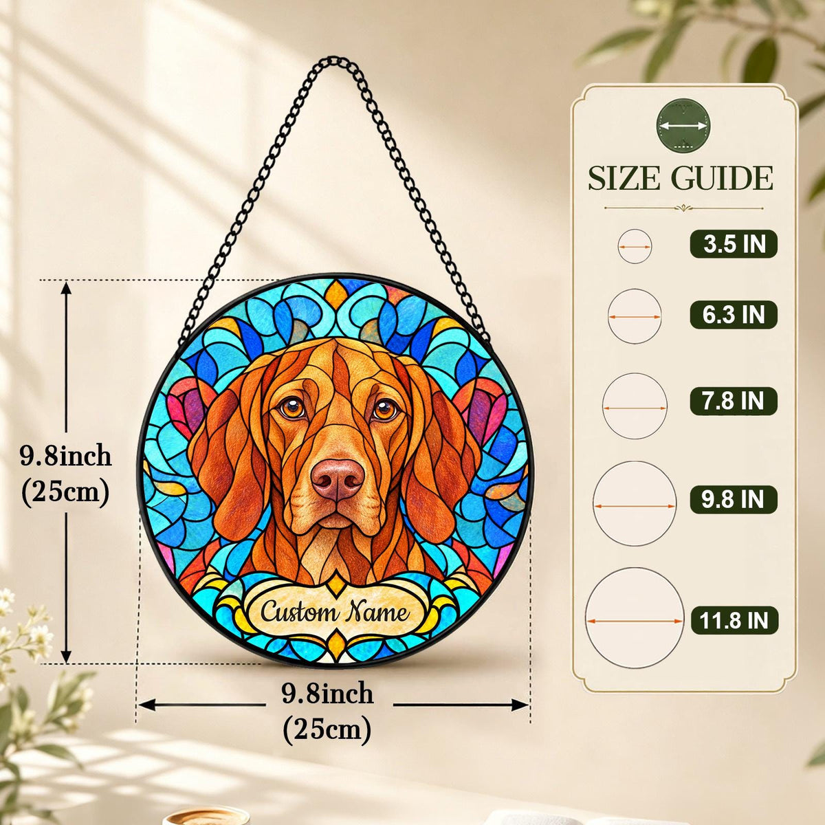 Personalized Vizsla Suncatcher, Custom Name, Floral Stained Glass Window Hanging