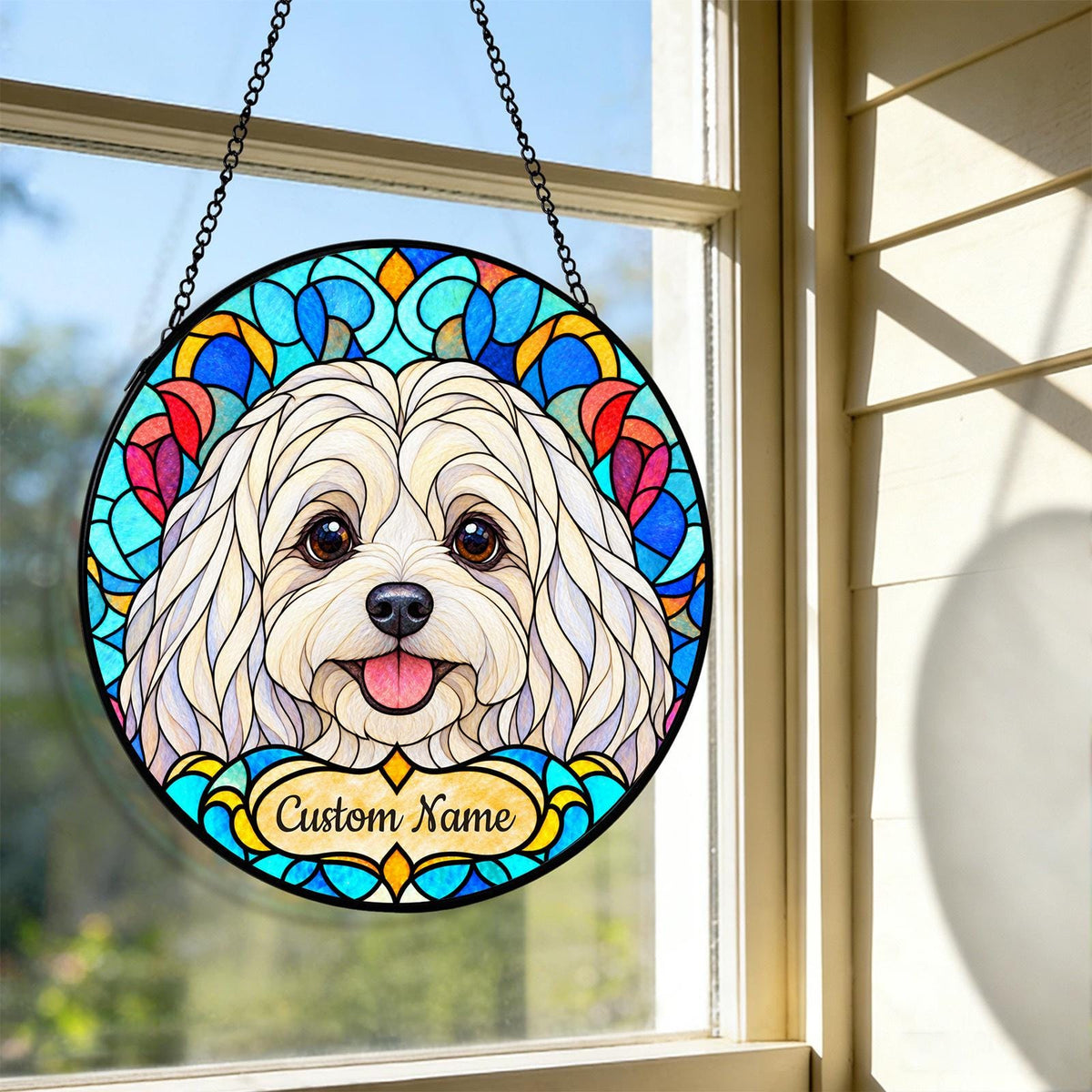 Personalized Maltese Suncatcher, Custom Name, Floral Stained Glass Window Hanging