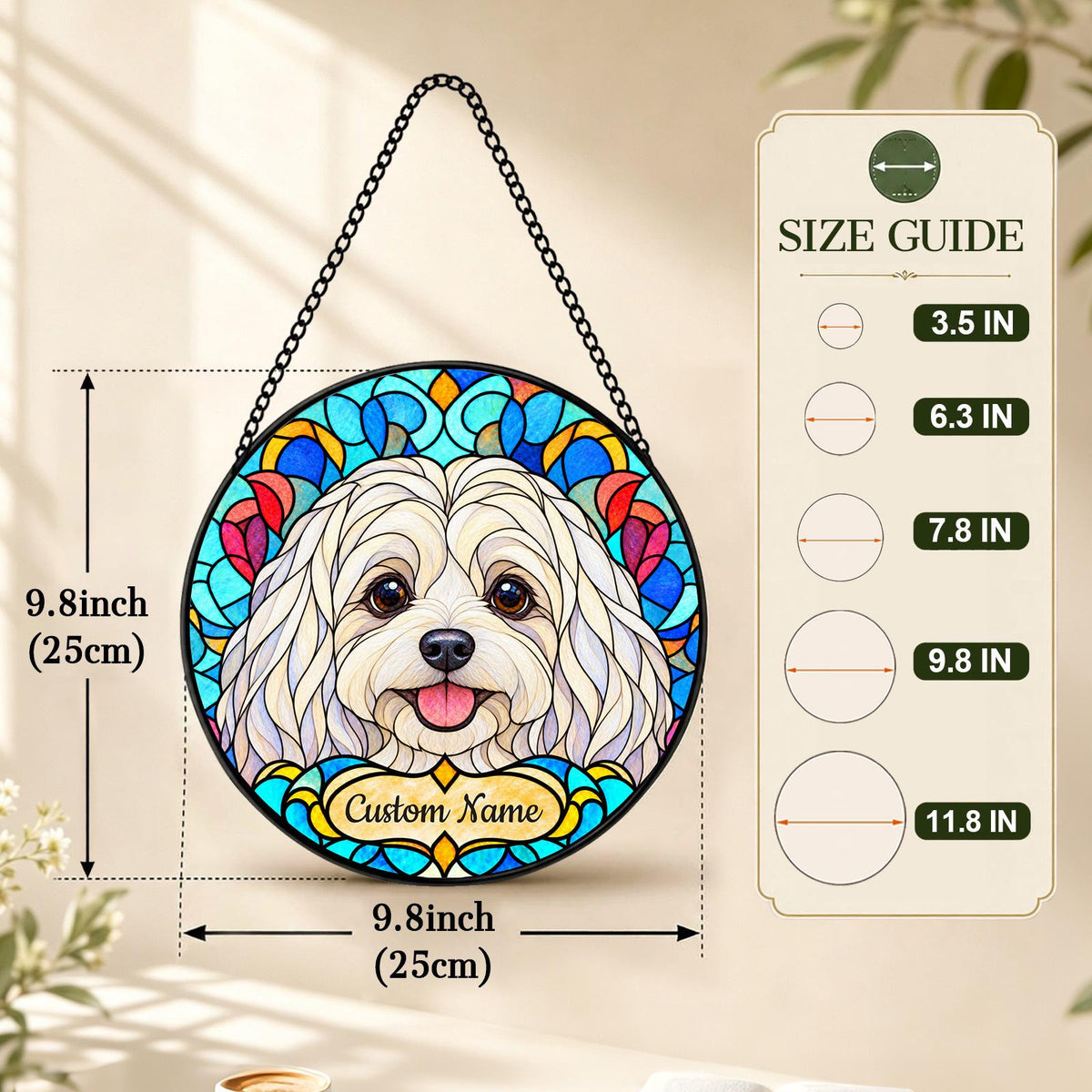 Personalized Maltese Suncatcher, Custom Name, Floral Stained Glass Window Hanging