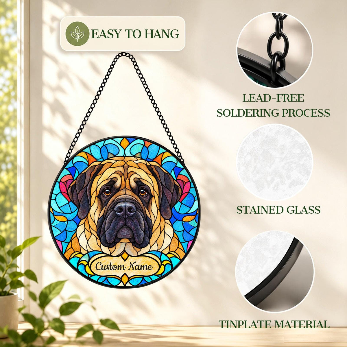 Personalized Mastiff Suncatcher, Custom Name, Floral Stained Glass Window Hanging