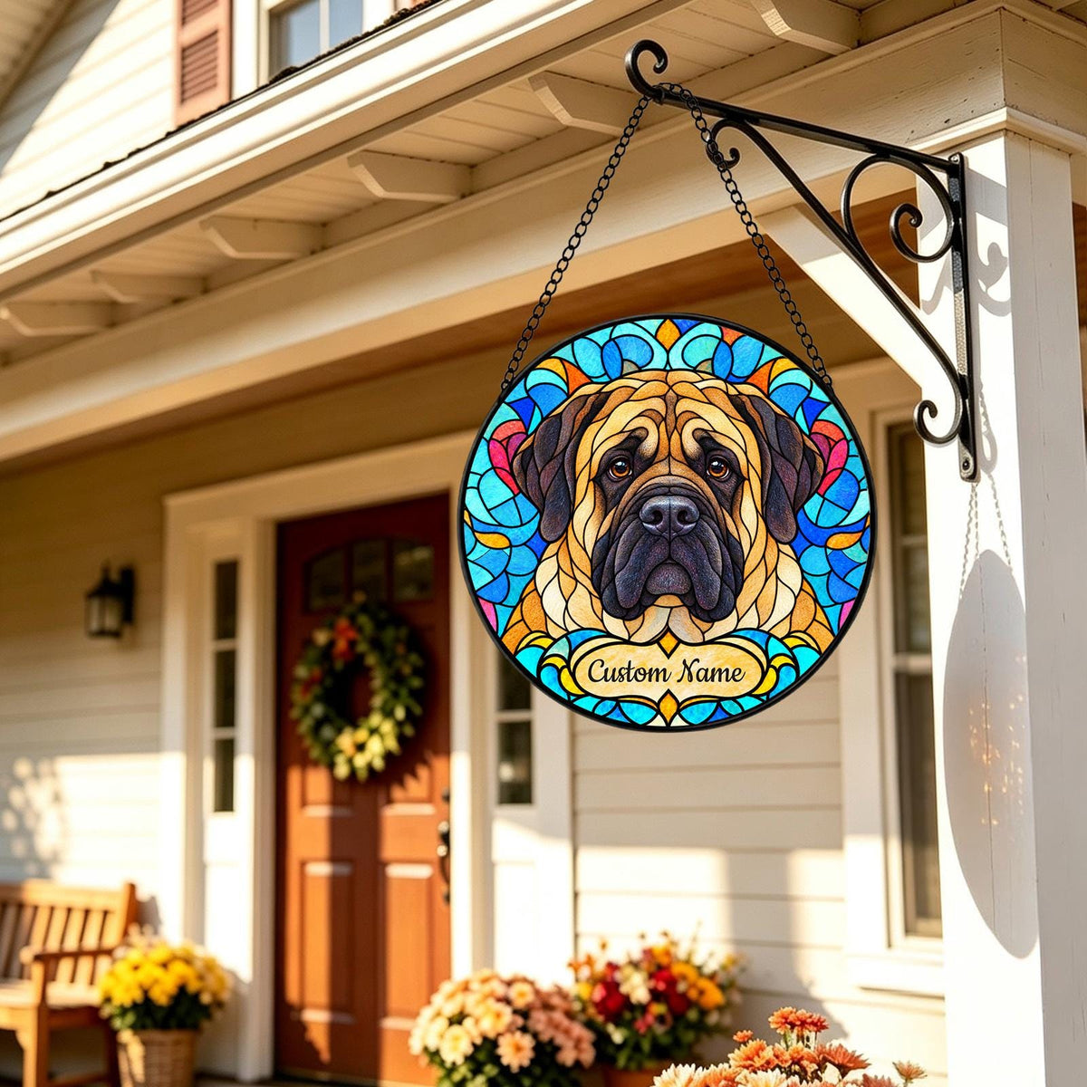 Personalized Mastiff Suncatcher, Custom Name, Floral Stained Glass Window Hanging
