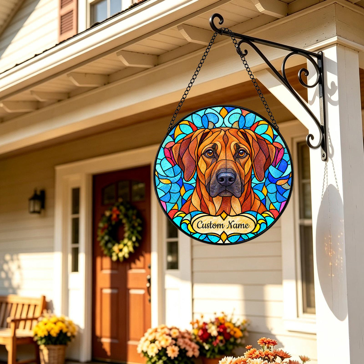 Personalized Rhodesian Ridgeback Suncatcher, Custom Name, Floral Stained Glass Window Hanging