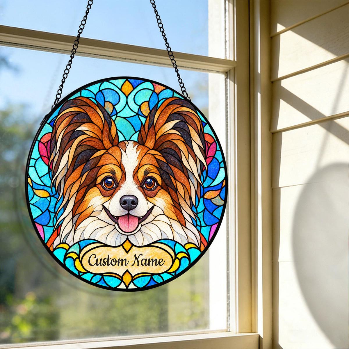 Personalized Papillon Dog Suncatcher, Custom Name, Floral Stained Glass Window Hanging
