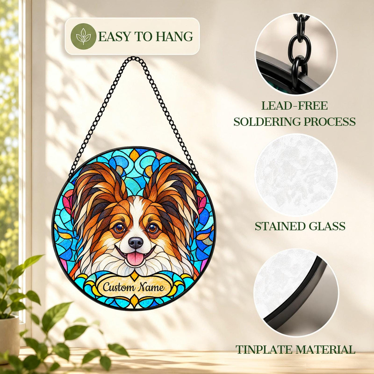 Personalized Papillon Dog Suncatcher, Custom Name, Floral Stained Glass Window Hanging