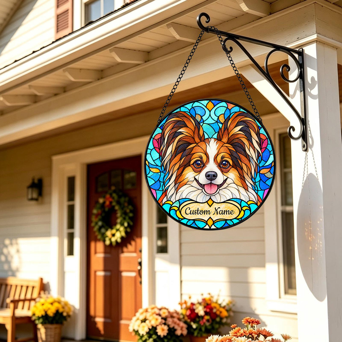 Personalized Papillon Dog Suncatcher, Custom Name, Floral Stained Glass Window Hanging