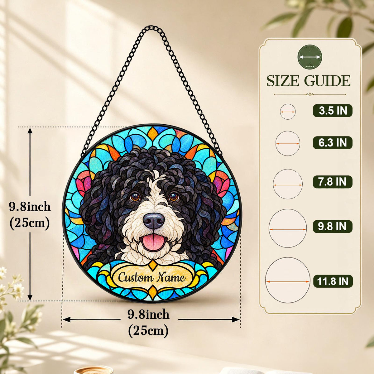 Personalized Portuguese Water Dog Suncatcher, Custom Name, Floral Stained Glass Window Hanging