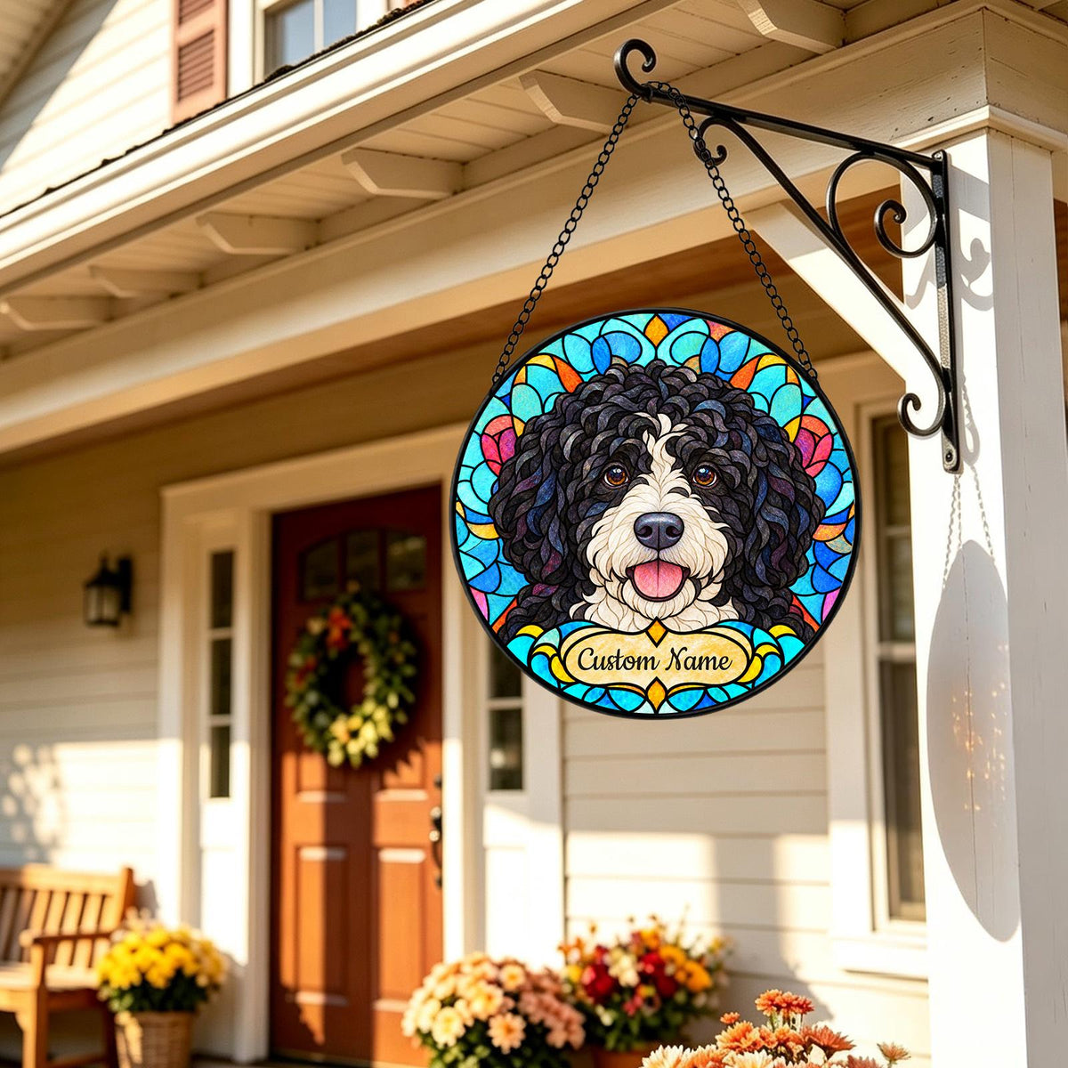 Personalized Portuguese Water Dog Suncatcher, Custom Name, Floral Stained Glass Window Hanging