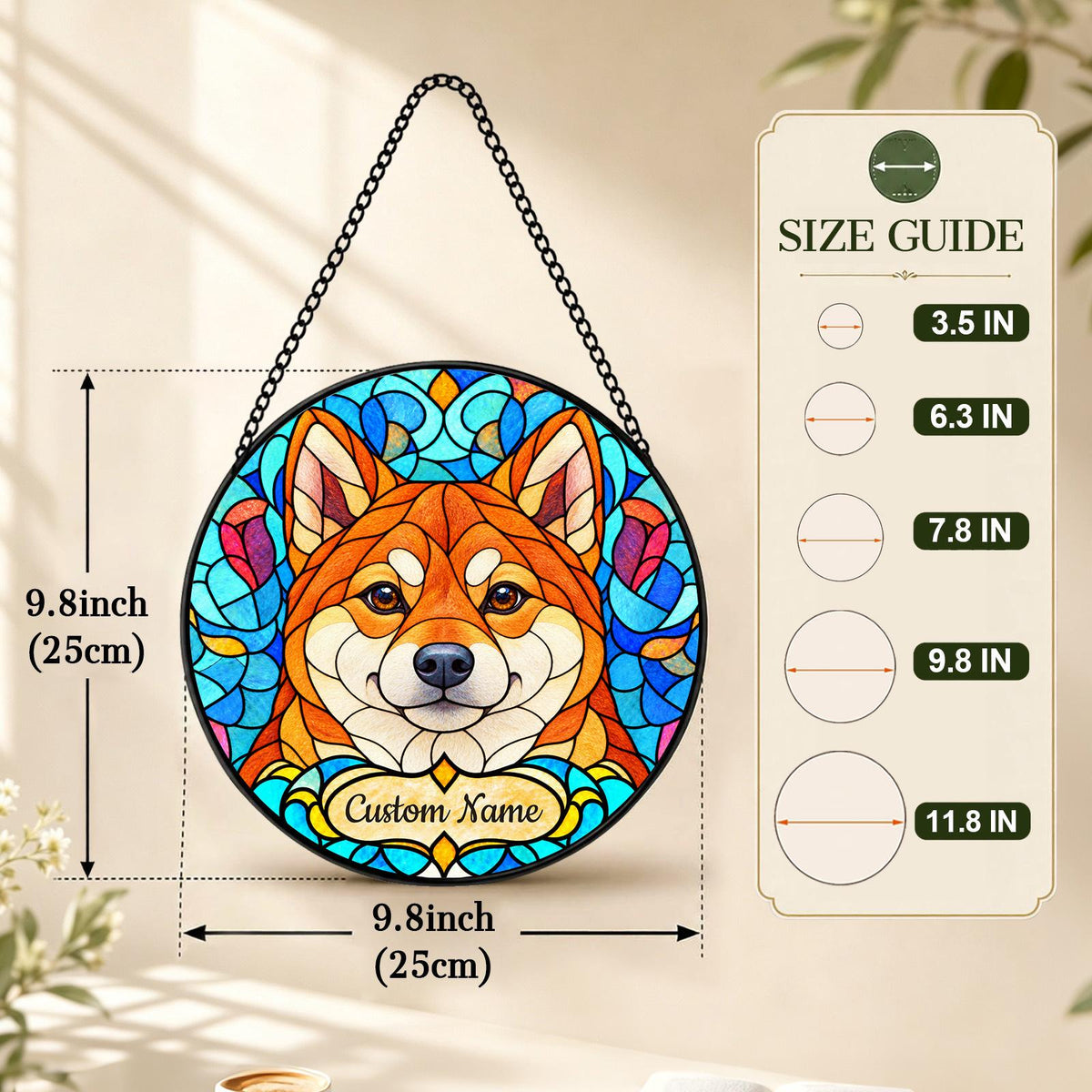 Personalized Shiba Inu Suncatcher, Custom Name, Floral Stained Glass Window Hanging