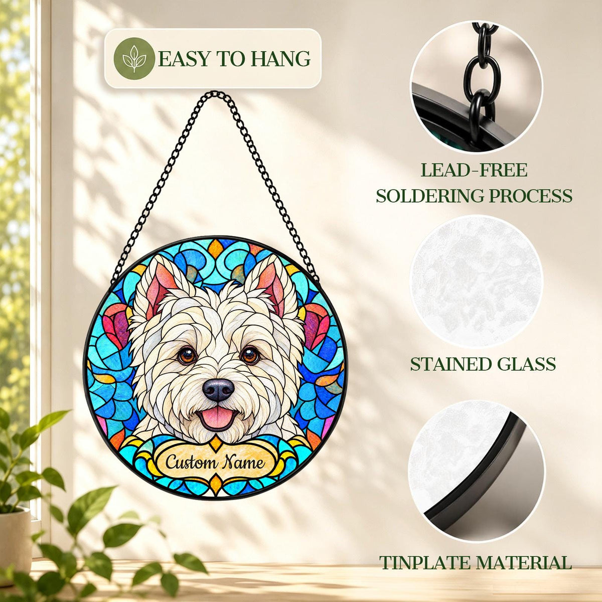 Personalized West Highland White Terrier Suncatcher, Custom Name, Floral Stained Glass Window Hanging