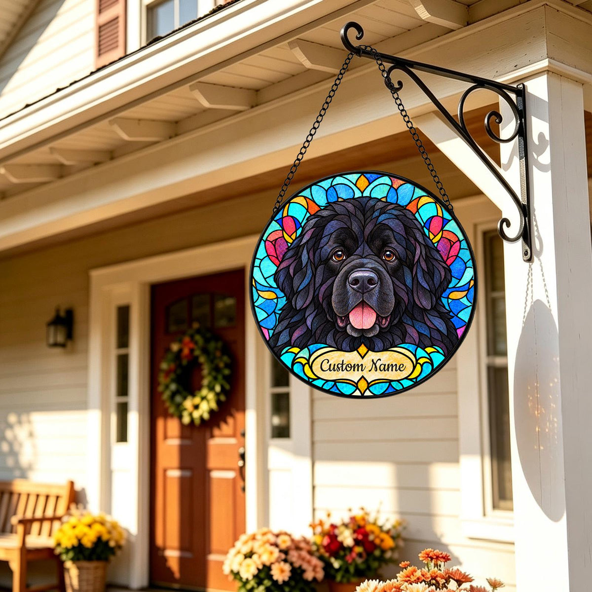 Personalized Newfoundland Dog Suncatcher, Custom Name, Floral Stained Glass Window Hanging