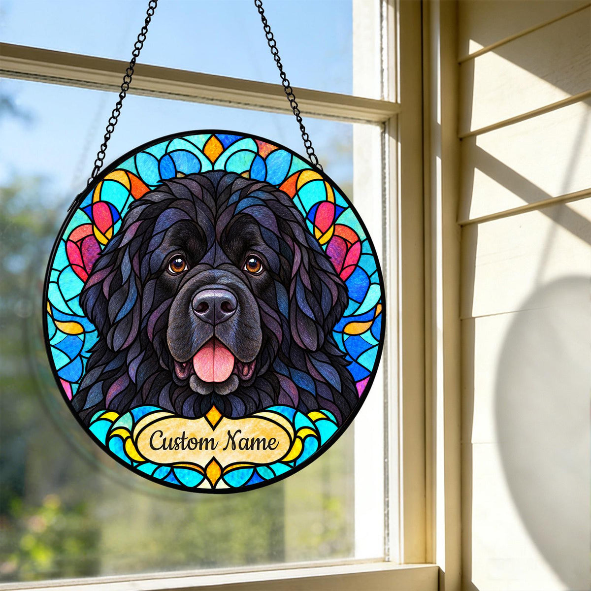 Personalized Newfoundland Dog Suncatcher, Custom Name, Floral Stained Glass Window Hanging