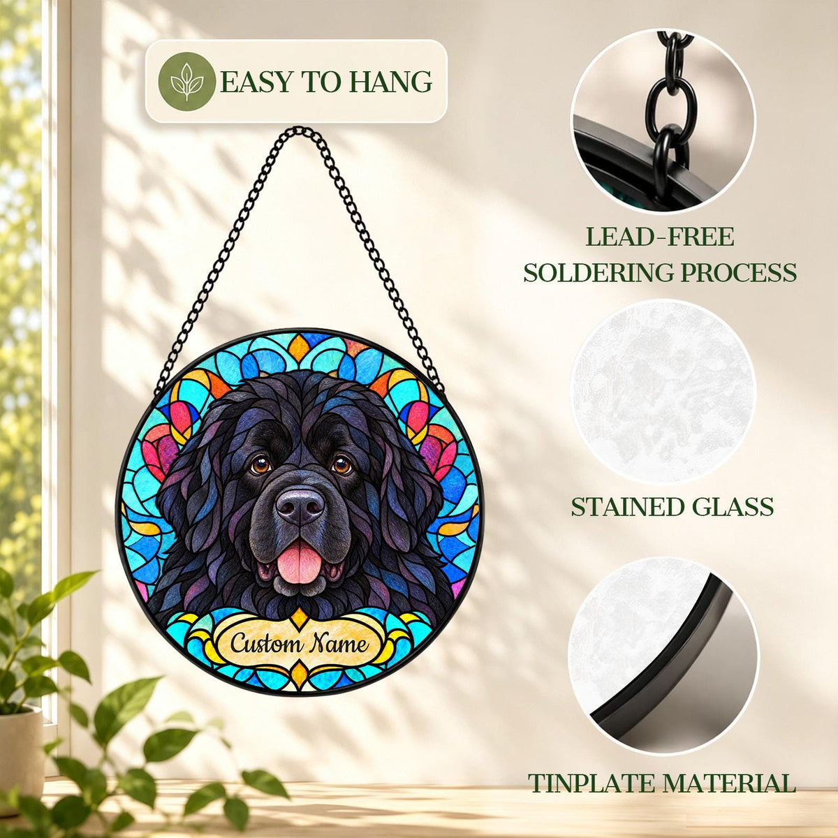 Personalized Newfoundland Dog Suncatcher, Custom Name, Floral Stained Glass Window Hanging