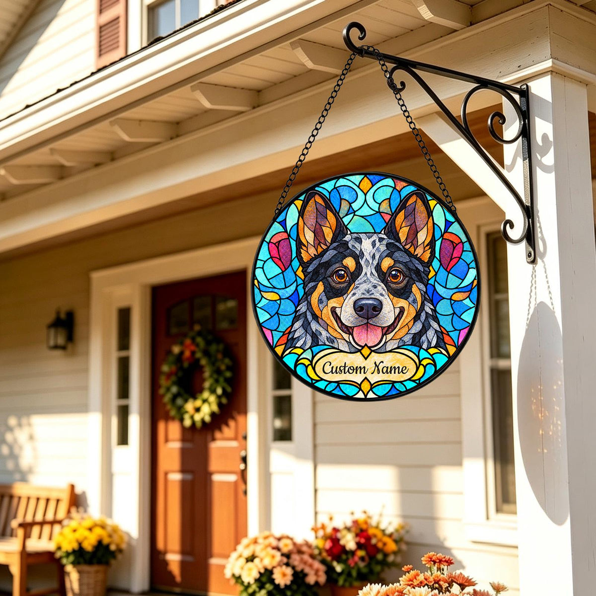 Personalized Australian Cattle Dog Suncatcher, Custom Name, Floral Stained Glass Window Hanging