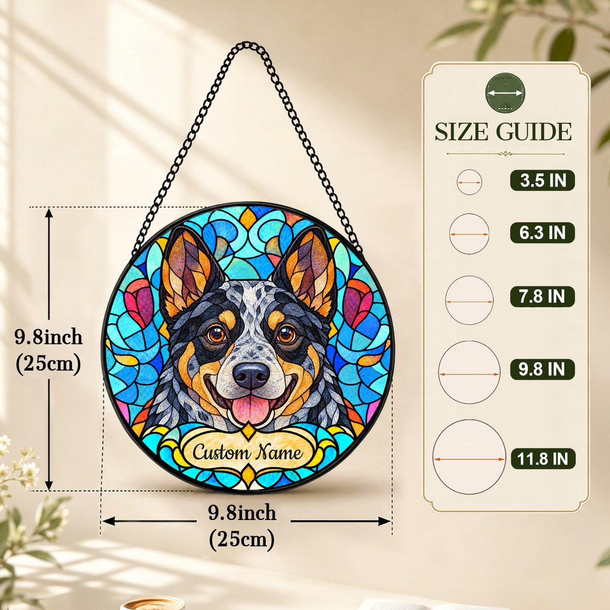 Personalized Australian Cattle Dog Suncatcher, Custom Name, Floral Stained Glass Window Hanging