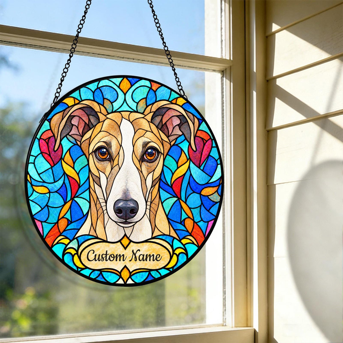 Personalized Whippet Dog Suncatcher, Custom Name, Floral Stained Glass Window Hanging
