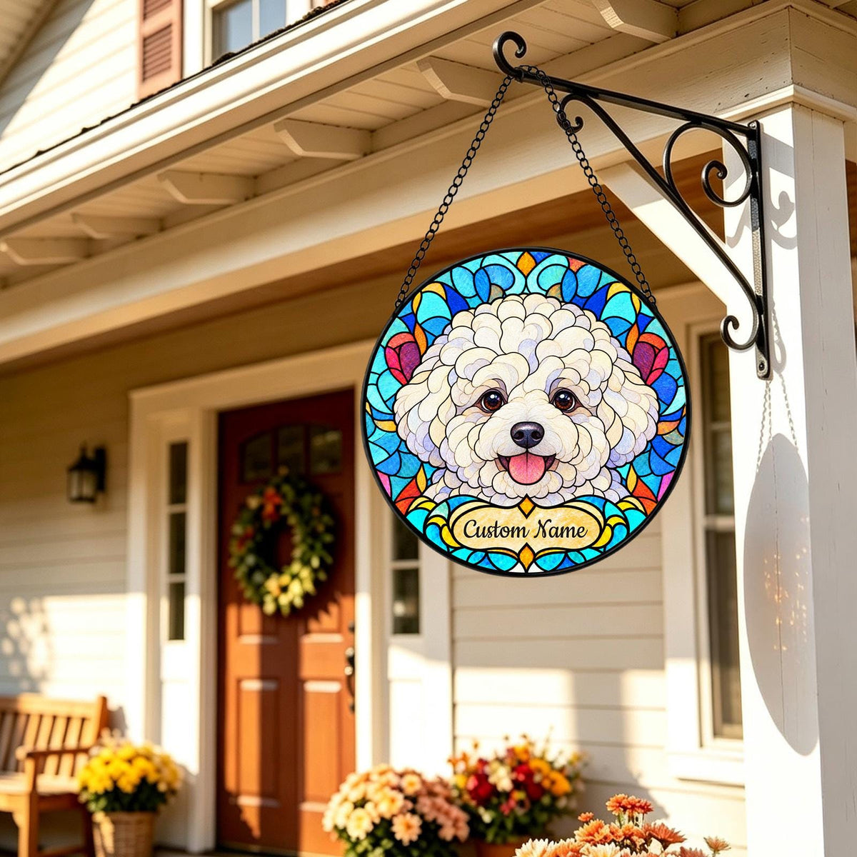 Personalized Bichon Frise Suncatcher, Custom Name, Floral Stained Glass Window Hanging