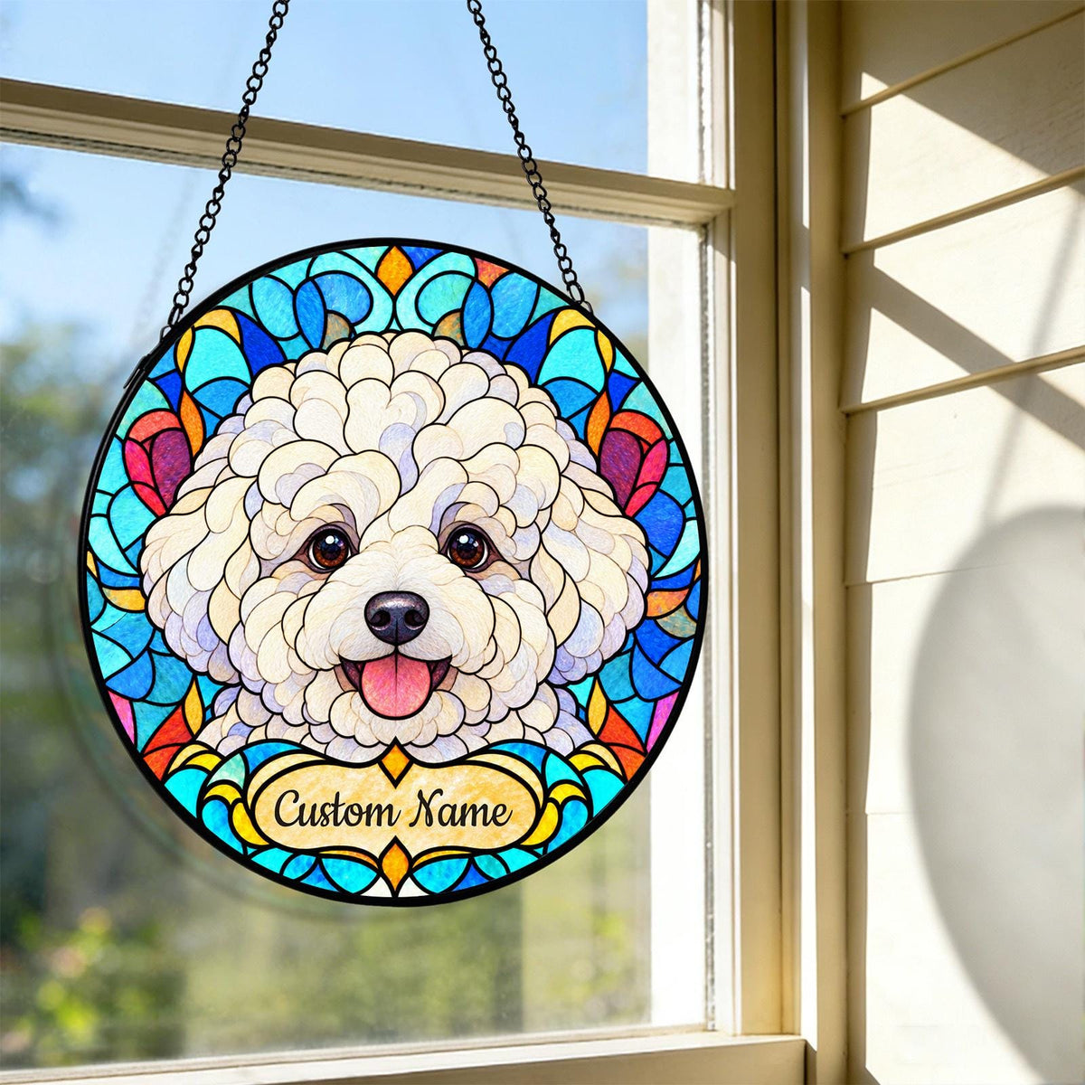 Personalized Bichon Frise Suncatcher, Custom Name, Floral Stained Glass Window Hanging