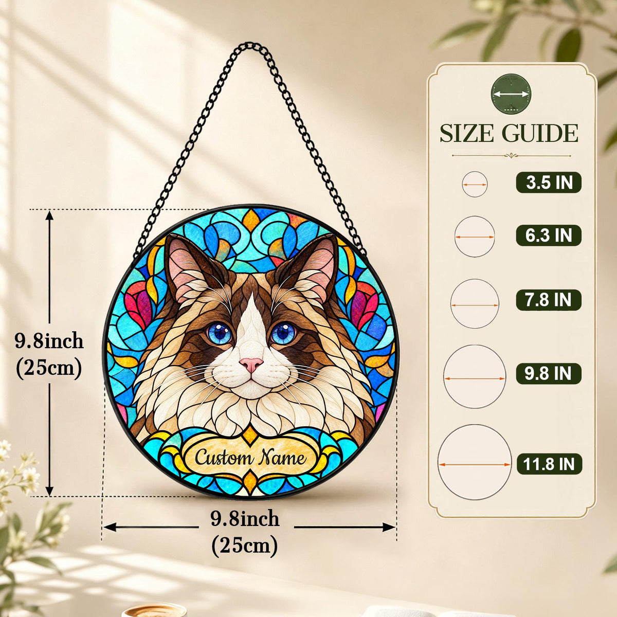 Personalized Ragdoll Suncatcher, Custom Name, Floral Stained Glass Window Hanging