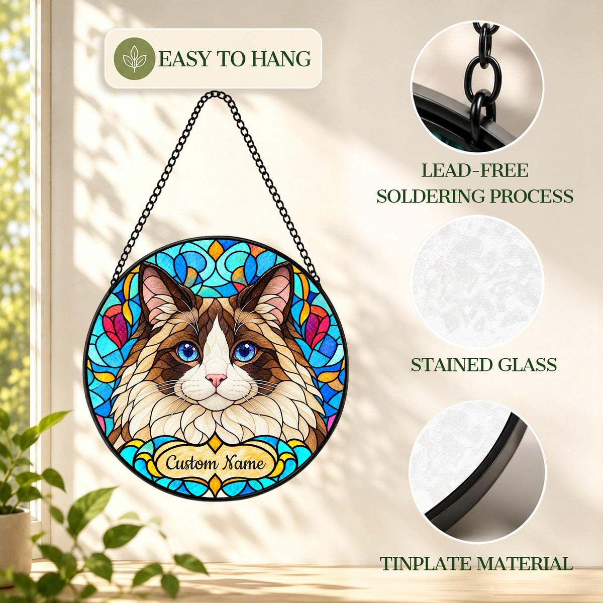 Personalized Ragdoll Suncatcher, Custom Name, Floral Stained Glass Window Hanging