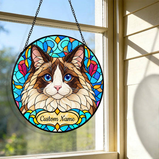 Personalized Ragdoll Suncatcher, Custom Name, Floral Stained Glass Window Hanging