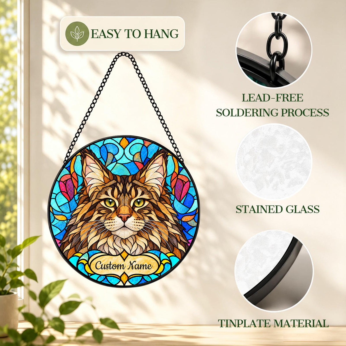 Personalized Maine Coon Suncatcher, Custom Name, Floral Stained Glass Window Hanging
