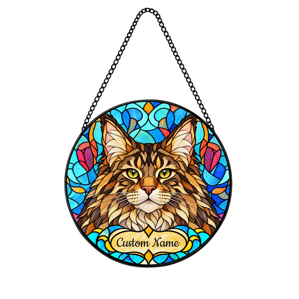 Personalized Maine Coon Suncatcher, Custom Name, Floral Stained Glass Window Hanging