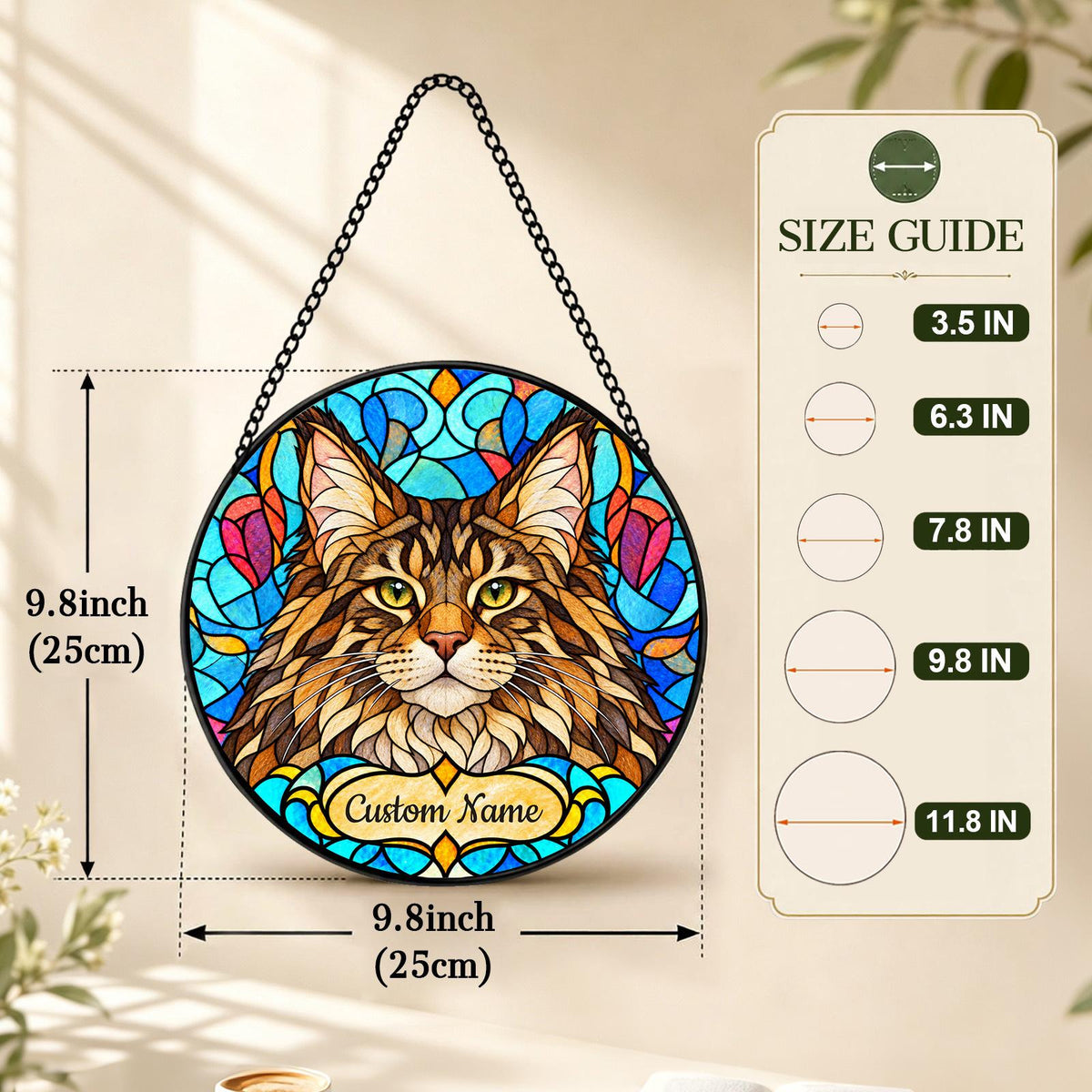 Personalized Maine Coon Suncatcher, Custom Name, Floral Stained Glass Window Hanging