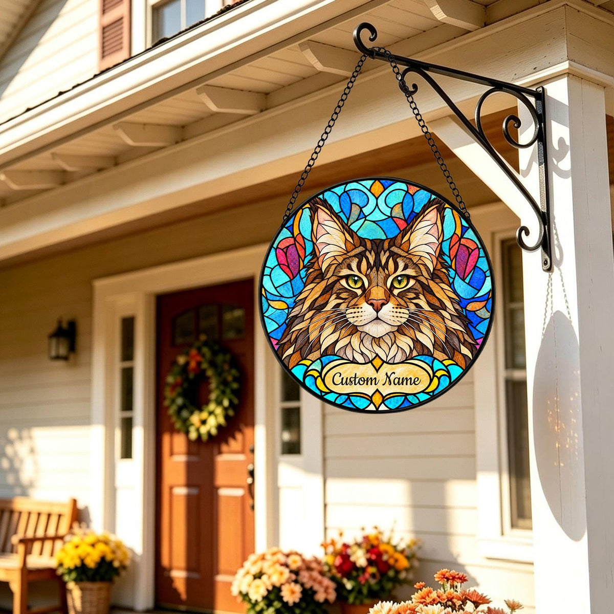 Personalized Maine Coon Suncatcher, Custom Name, Floral Stained Glass Window Hanging