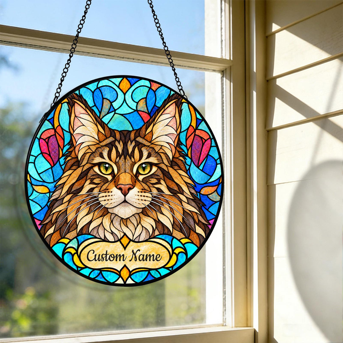 Personalized Maine Coon Suncatcher, Custom Name, Floral Stained Glass Window Hanging