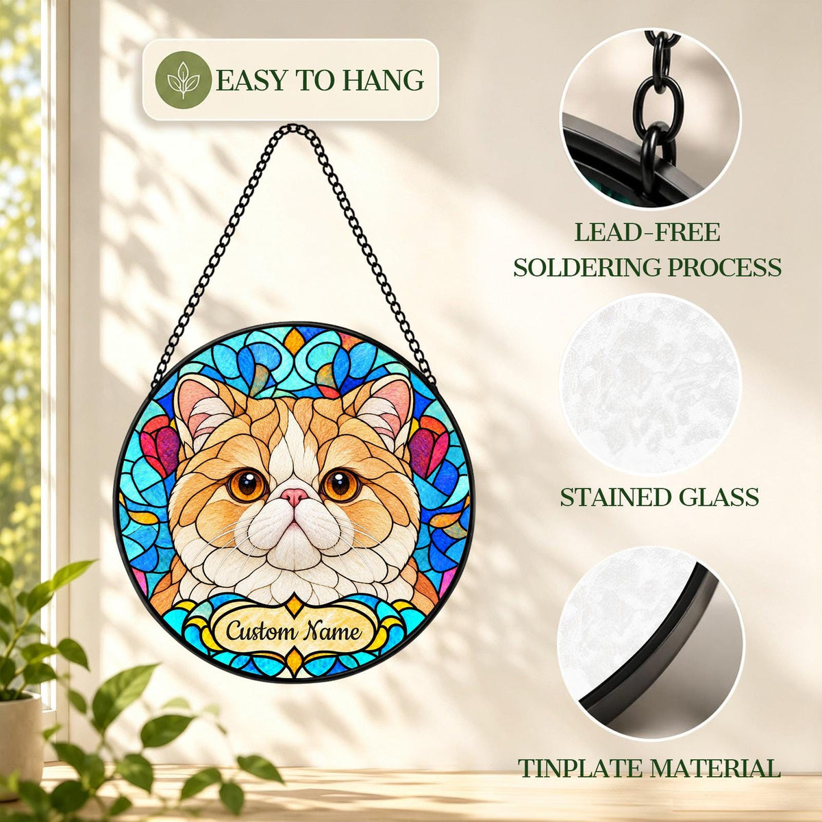 Personalized Exotic Shorthair Cat Suncatcher, Custom Name, Floral Stained Glass Window Hanging