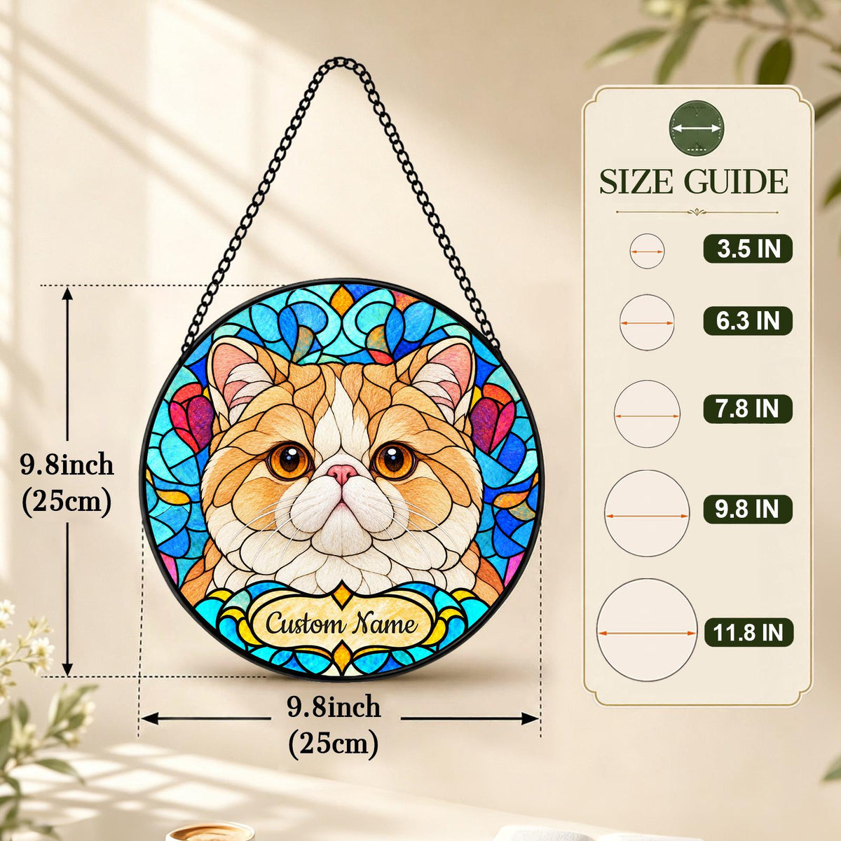 Personalized Exotic Shorthair Cat Suncatcher, Custom Name, Floral Stained Glass Window Hanging
