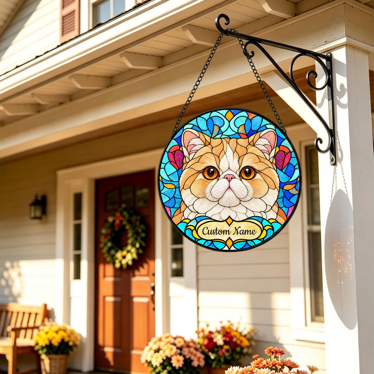 Personalized Exotic Shorthair Cat Suncatcher, Custom Name, Floral Stained Glass Window Hanging