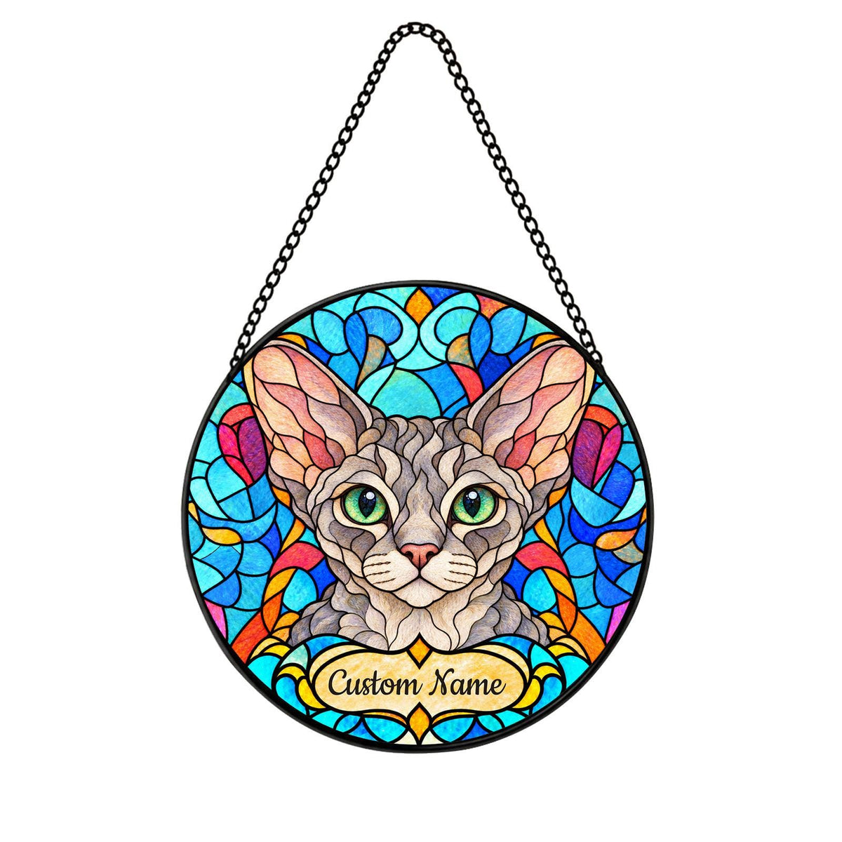 Personalized Devon Rex Suncatcher, Custom Name, Floral Stained Glass Window Hanging