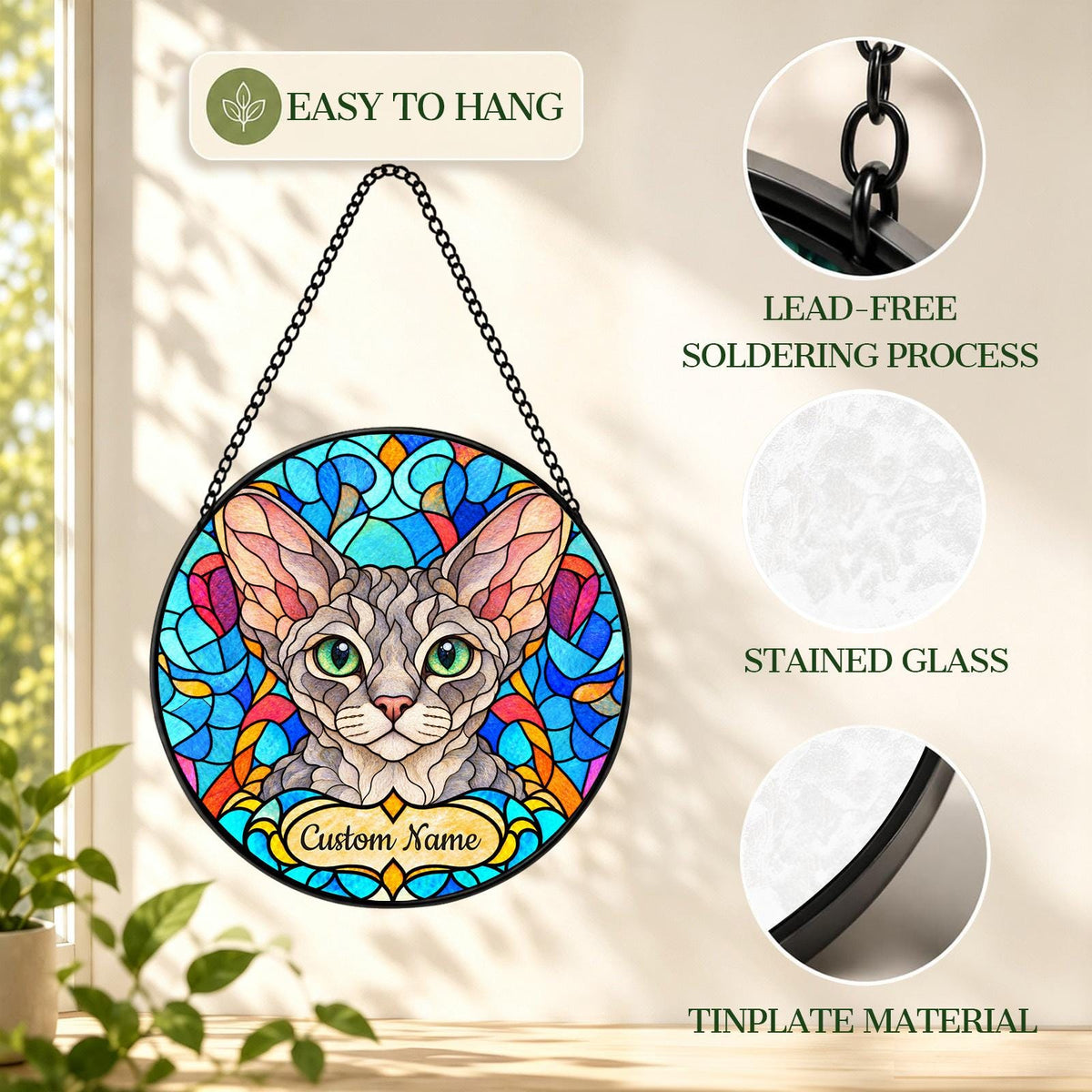 Personalized Devon Rex Suncatcher, Custom Name, Floral Stained Glass Window Hanging