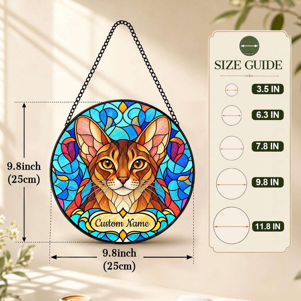 Personalized Abyssinian Cat Suncatcher, Custom Name, Floral Stained Glass Window Hanging