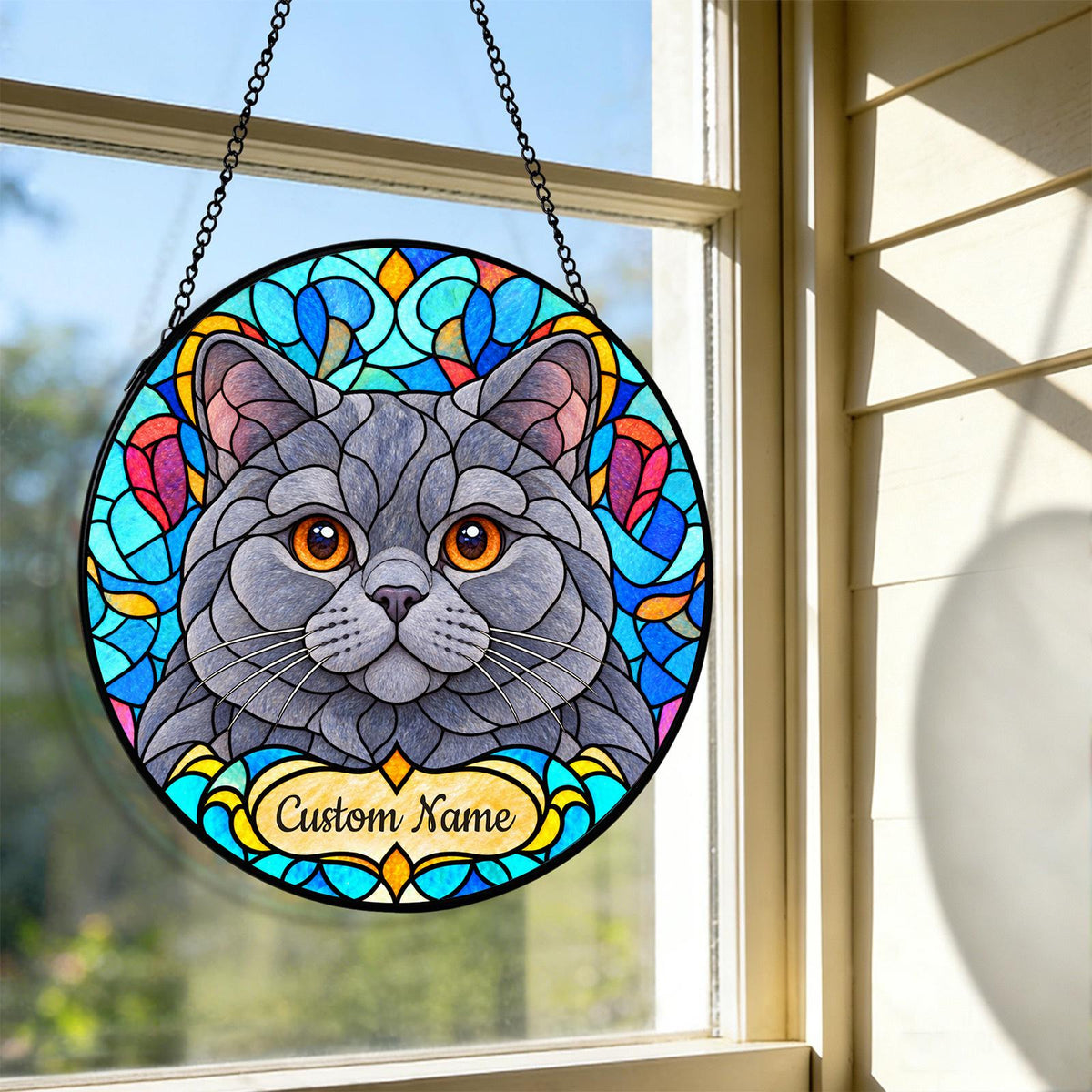 Personalized British Shorthair Suncatcher, Custom Name, Floral Stained Glass Window Hanging
