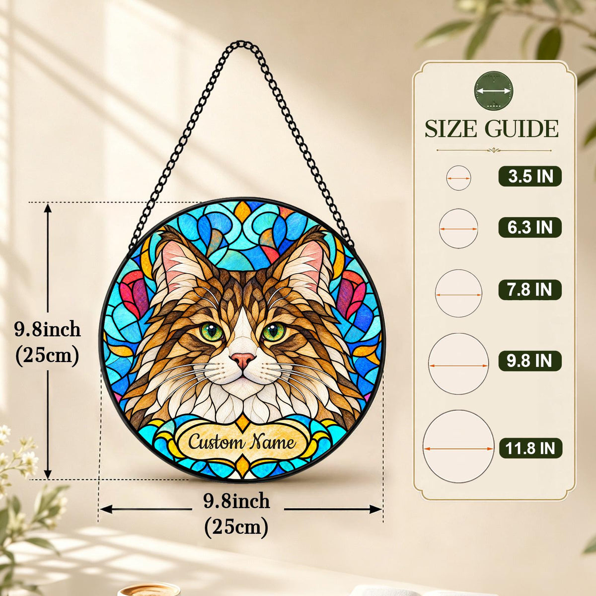 Personalized Siberian Cat Suncatcher, Custom Name, Floral Stained Glass Window Hanging