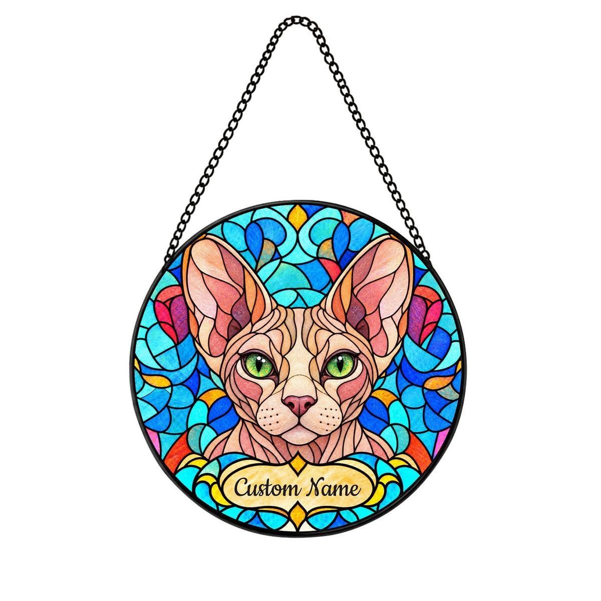 Personalized Sphynx Cat Suncatcher, Custom Name, Floral Stained Glass Window Hanging