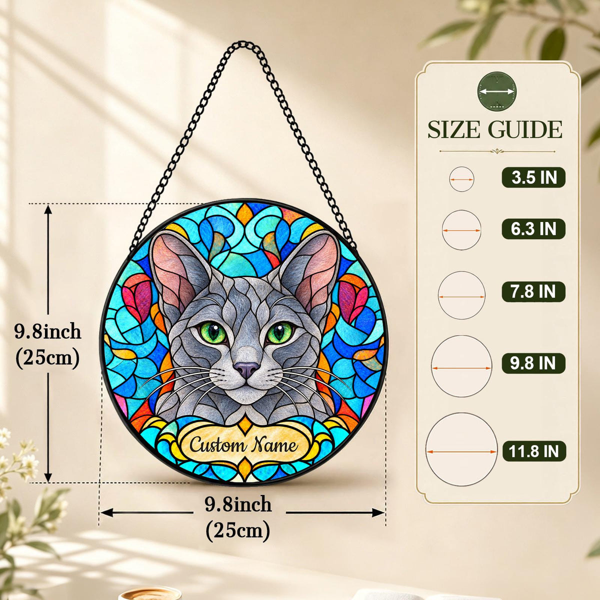 Personalized Russian Blue Cat Suncatcher, Custom Name, Floral Stained Glass Window Hanging
