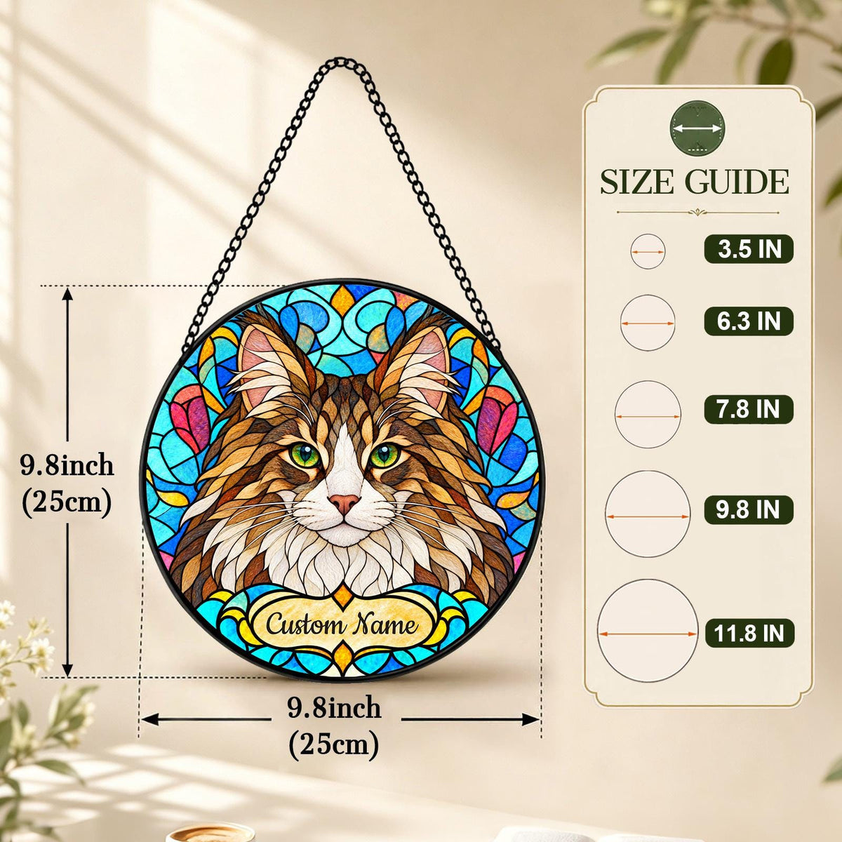 Personalized Norwegian Forest Cat Suncatcher, Custom Name, Floral Stained Glass Window Hanging
