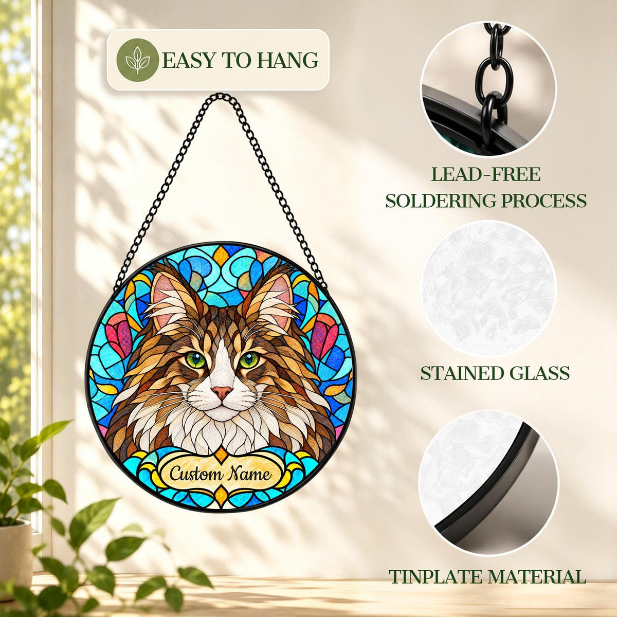 Personalized Norwegian Forest Cat Suncatcher, Custom Name, Floral Stained Glass Window Hanging