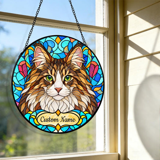 Personalized Norwegian Forest Cat Suncatcher, Custom Name, Floral Stained Glass Window Hanging
