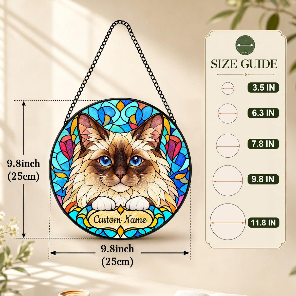 Personalized Birman Cat Suncatcher, Custom Name, Floral Stained Glass Window Hanging